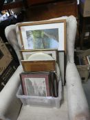 Selection of various glazed and framed pictures and prints including street and river