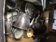 A box of silver plate to include teapots, serving dishes, etc and a box of collectables to include A
