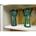 Pair of green heavy cut glass vases