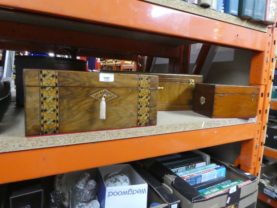 Selection of wooden boxes and writing slopes consisting of brass inlay and bound and another inlaid