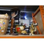 Wooden stool, china Bassett Hound dog, wooden boy table and large vase with stand and flowers, etc