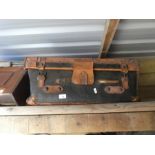 Two wooden and iron planters, leather case and a coal box