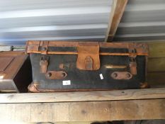 Two wooden and iron planters, leather case and a coal box