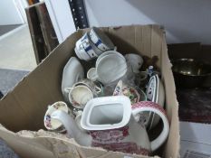 A shelf of mixed china, glass, metalware and old small tools