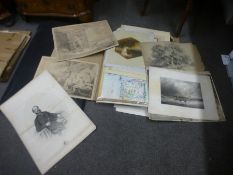 A folder of mainly 18th and 19th Century prints, watercolours and similar