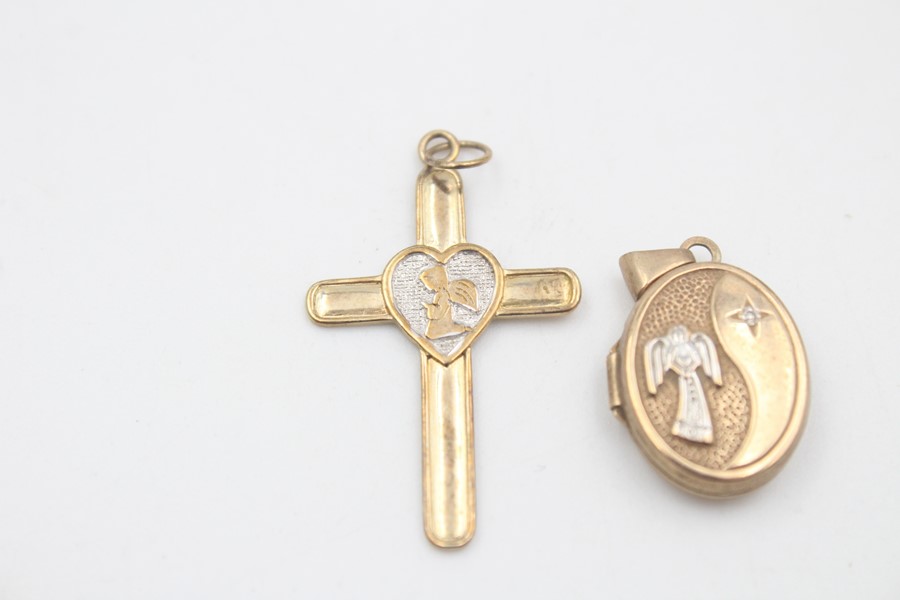 2 x 9ct Gold religious pendants inc. cross, locket 2.6g - Image 2 of 5