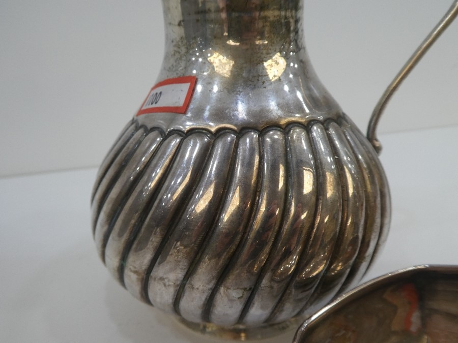 A silver jug with half reeded decoration, marked H and A  100, along with a silver Octagonol dish ma - Image 2 of 3