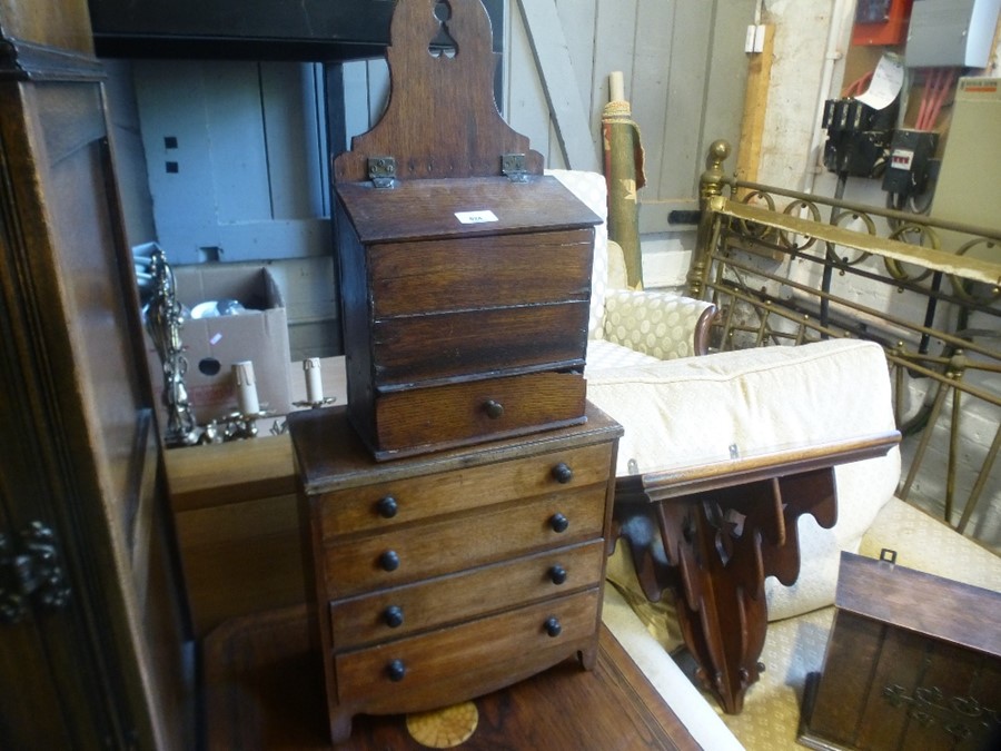 A Victorian mahogany wall bracket and antique miniature chest having 4 drawers and 2 other items