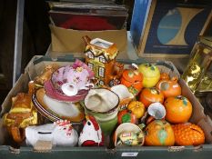 A box containing cottage ware and retro style orange marmalade pots, Country Roses cup, etc