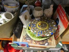 A box of china and collectables to incl. Islamic pottery, claret jug, loose stamps and a record and