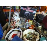Two boxes of collectables to include Whimsies, games, ash trays, cutlery, etc