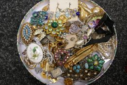 Jewellery box and contents to incl. bead necklaces, beaded clutch bag, tray various costume jeweller