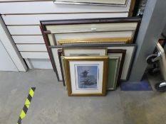 A large selection of mostly framed prints of planes, animals, etc
