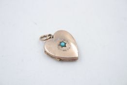 antique 9ct gold turquoise set heart locket pendant 2.5g