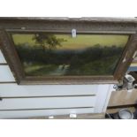 Three framed oil on board pictures depicting mostly landscapes