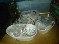 Shelf of china and glass to incl. Babycham glasses, soup bowl, plates, mugs and ornaments and a carv