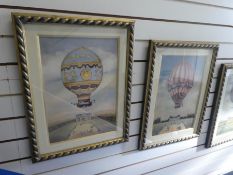 Four coloured prints of hot air balloons flying buildings and figures