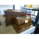 A Victorian Rosewood tea caddy on bun feet and a burr walnut dome topped box
