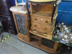 Pine storage unit with two glass doors and shelves, 2 drawer with open shelf bedside and a two tier