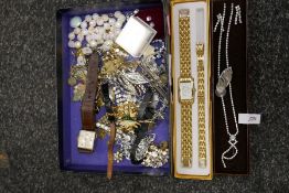 Box of vintage costume jewellery to incl. vintage watches, bead necklaces, bird brooch etc