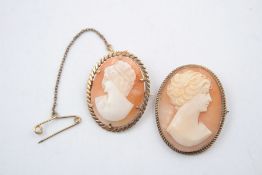 2 x vintage 9ct Gold framed shell cameo brooches 10.4g