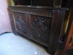 A Small carved oak coffer and an Edwardian 2 tier occasional