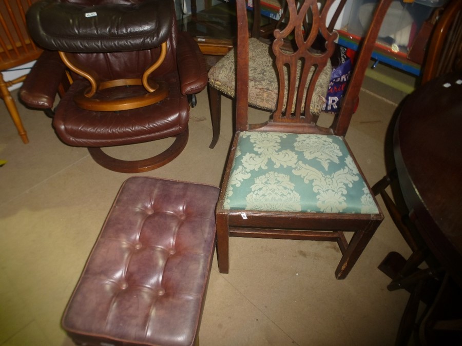 Red leather button back footstool and a single chair with green upholstered seat