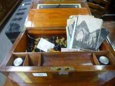 19th century walnut and brass bound desk slope containing Victorian and later postcards and a quanti