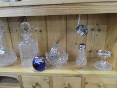 Glass decanters, paperweights, vases, mantle clock, decorative brass bound box, statue of a female t