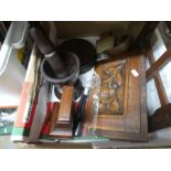 Box of mostly treen and selection of vintage light shades, including ornamental diamond shape paperw