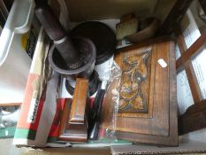 Box of mostly treen and selection of vintage light shades, including ornamental diamond shape paperw