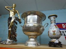 Large silver plated urn, cloisonne vase on stand and a female semi clad figure