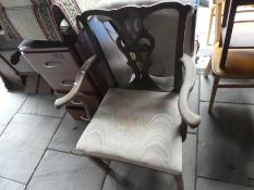 A button back bedroom chair, cream chair, and another, a chest of 4 drawers and an upholstered foots