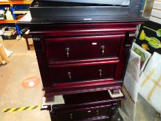 Two matching cherry wood drop handle two drawer bedside cabinets, trays and silver plated chargers