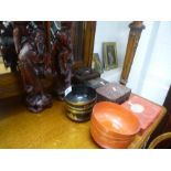 Various Chinese boxes, a pair of carved Sage figures and sundry bowls