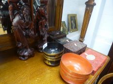 Various Chinese boxes, a pair of carved Sage figures and sundry bowls