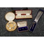 Box containing 3 9ct yellow gold dress studs in case 3 yellow metal stick pins, 2 cased button sets