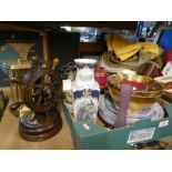 Two boxes of china, glass and sundries to include cutlery, door knobs, books, plates, clock and wood