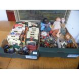 Vintage articulated mule, lead animals, dolls, cars and 2 boxes