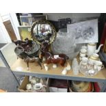 A shelf of mixed china, including horse figures, cut glass bowls, oriental vases, books, etc