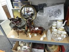 A shelf of mixed china, including horse figures, cut glass bowls, oriental vases, books, etc