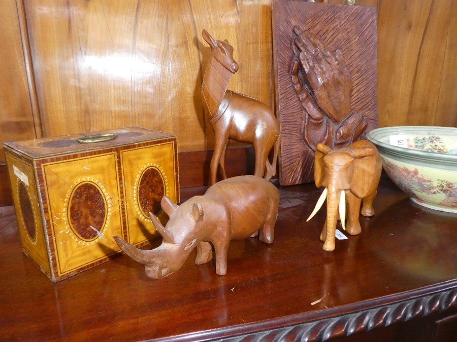 3 Carved animals, a vintage tin in the form of a caddy and  sundry - Image 3 of 4