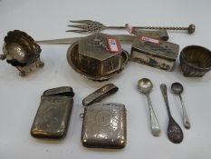 A mixed silver lot comprising of small trinket bowl, spoons, match case, fish dishes and white metal