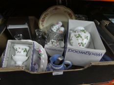 Box of china and glass to incl. Wedgwood, Minton, Doulton collectors plates etc