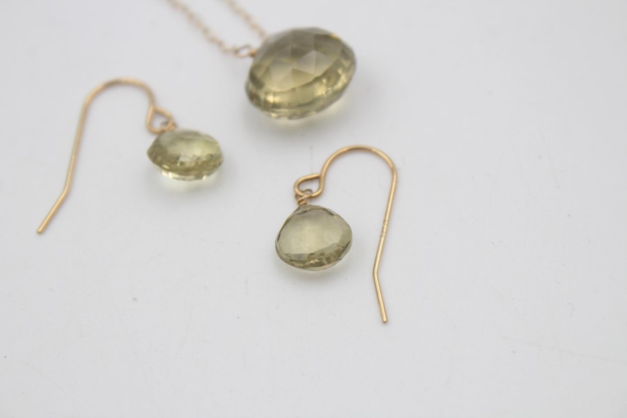 14ct gold faceted quartz pendant necklace & earring set 3.6g - Image 3 of 5