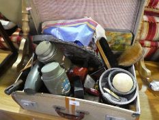 A small case containing tea - Jackson of Piccadilly, silver plated ware knife, vintage torch, etc, m