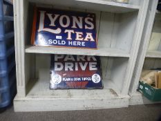 Two old enamel signs for Lyons Tea and Park Drive plain and Corked tipped cigarettes