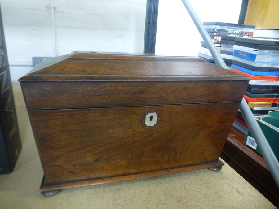 A Victorian Rosewood tea caddy on bun feet and a burr walnut dome topped box - Image 2 of 3