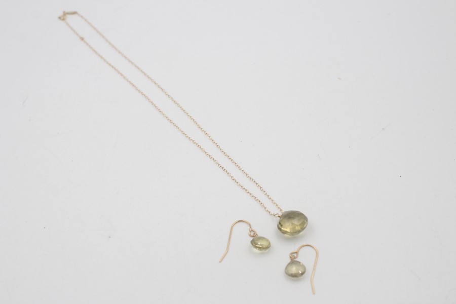 14ct gold faceted quartz pendant necklace & earring set 3.6g