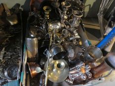 Two boxes of mixed brassware to include candle stick, goblets and horse brasses